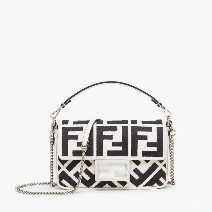Affordable Canvas In Baguette FF Bag Black Motif Fendi White Mini 0707